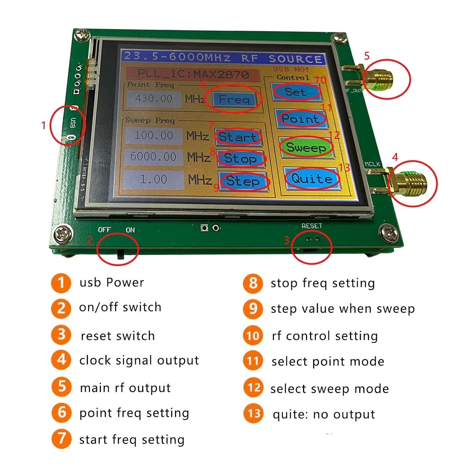 RF Signal Generator 23Mhz-6Ghz Touchscreen Mode Frequency Sweep SMA Female