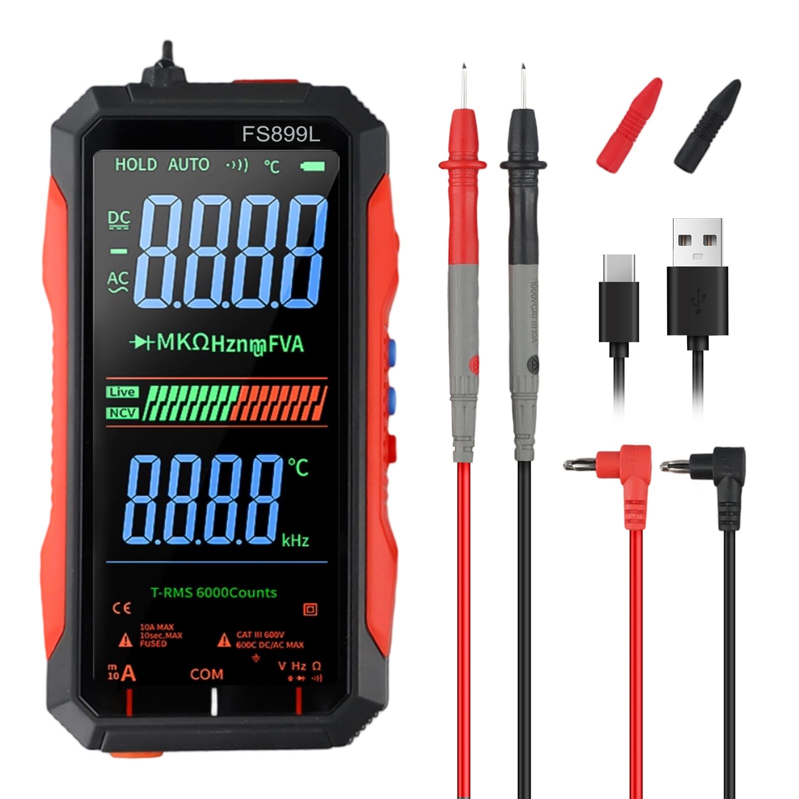 FS899L Digital Multimeter with Color Screen & Storage Case, USB C Rechargeable