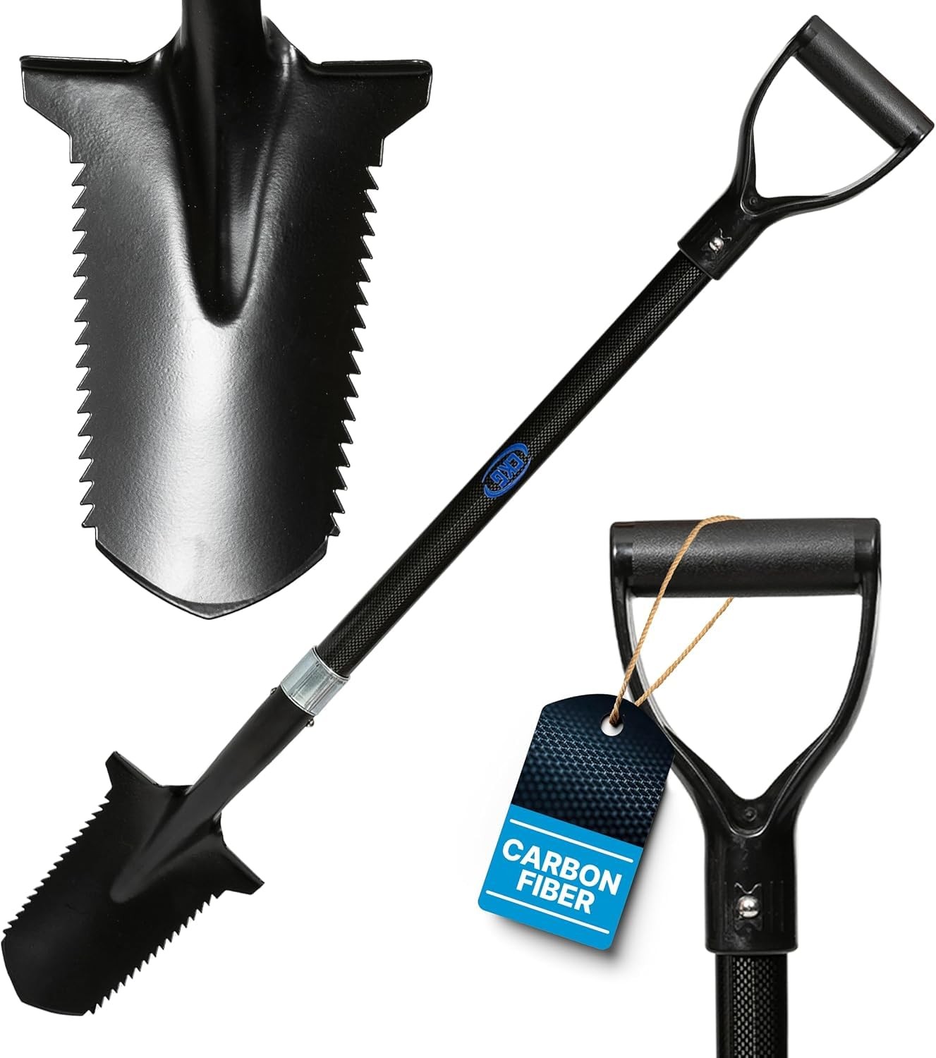 Metal Detector Shovel Carbon Steel Serrated Blade Carbon Fiber Handle Black