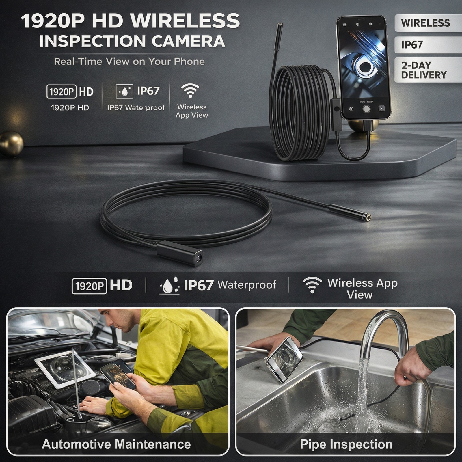 IRONSCOP™ 1920P HD Endoscope Camera, 16.4ft Semi-Rigid, IP67, iOS & Android