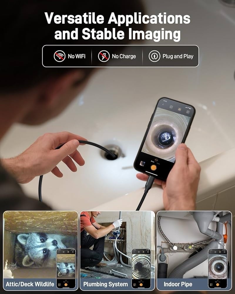 Endoscope Camera with Light 1920P HD Android and iOS 8 LED 6FT Semi-Rigid Snake