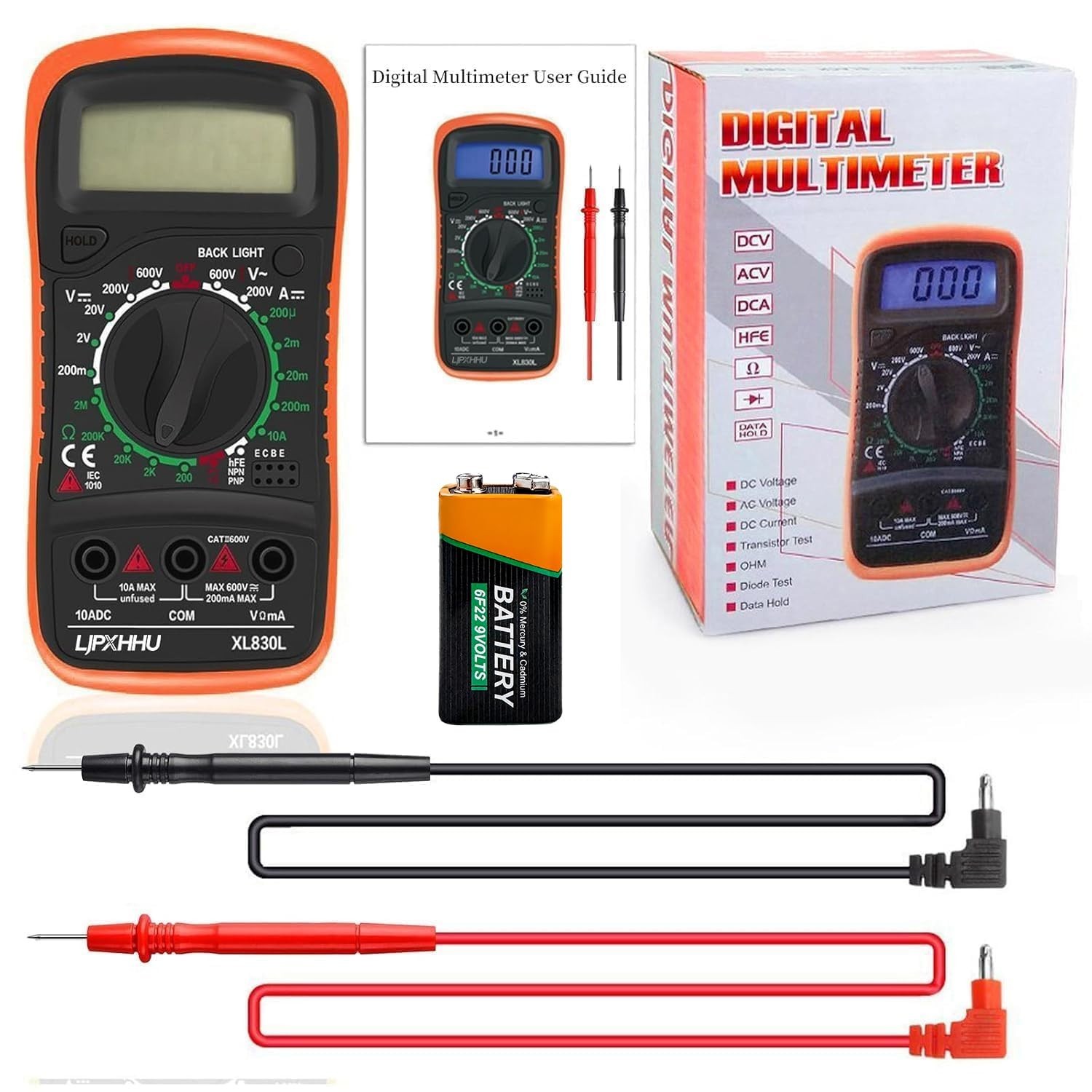 Digital Multimeter Voltmeter Battery Voltage Multi Tester Orange and Black