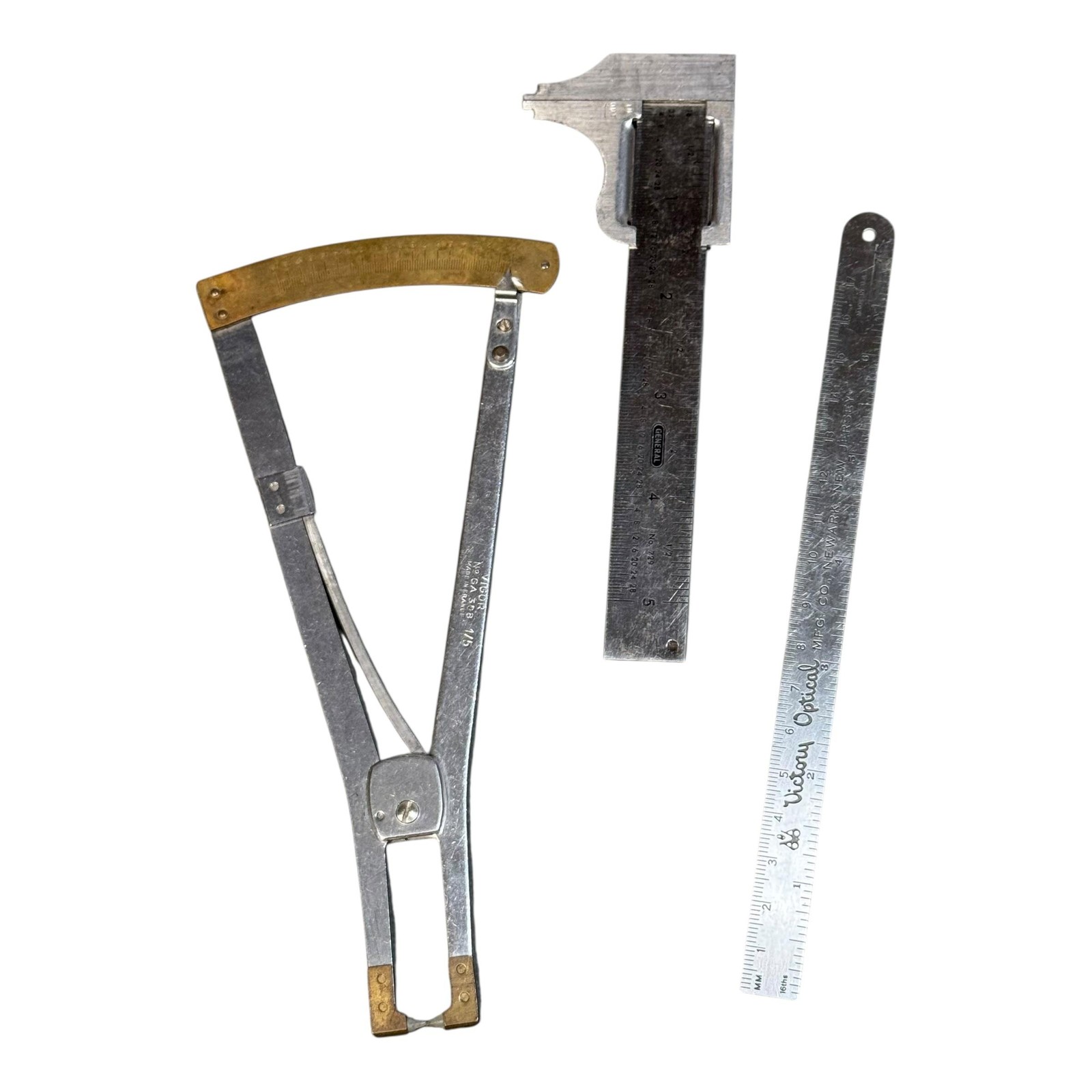 Vintage Vigor GA 308 Caliper Gauge France + General 729 12in Ruler Set Measuring