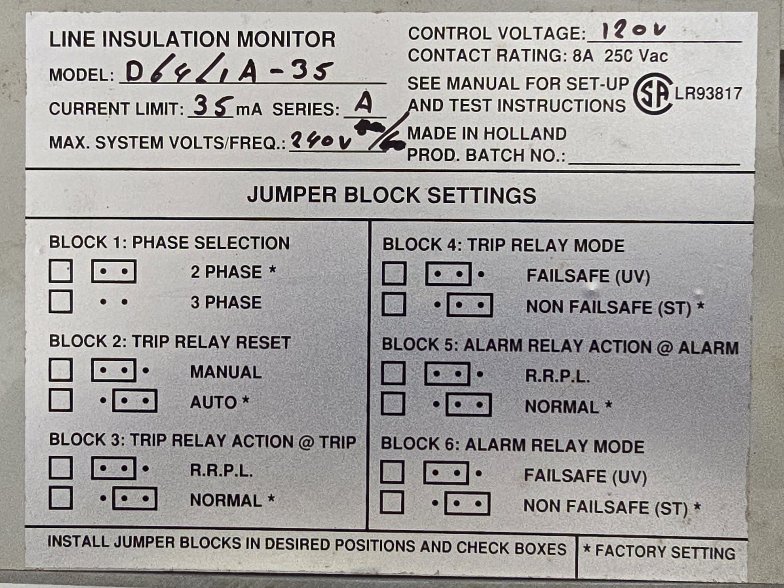 Cutler Hammer D64L1A-35 Current Limit Line Insulation Monitor 35mA