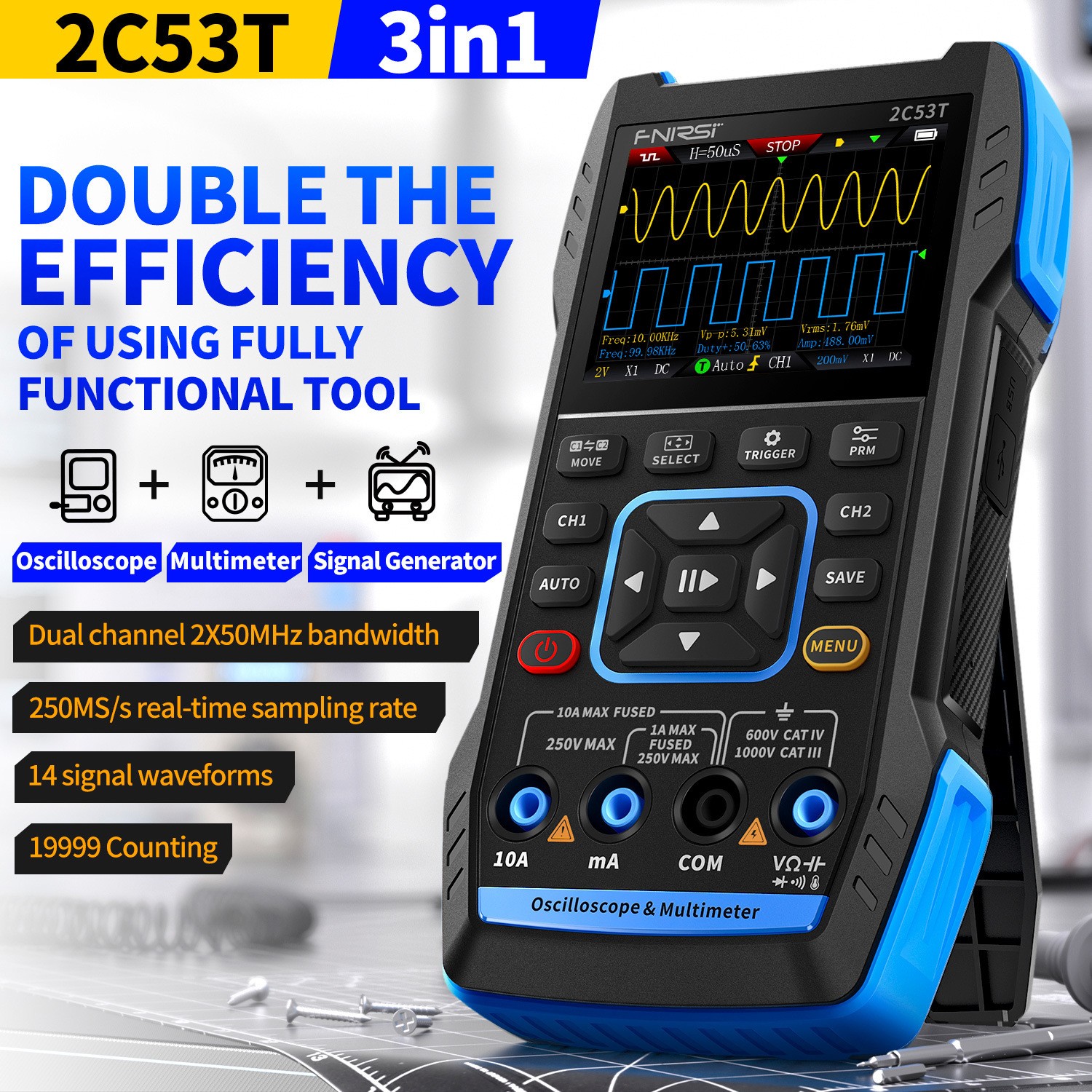 FNIRSI 2C53T 3in1 Digital Oscilloscope TouchScreen 50MHz Multimeter Signal Lab
