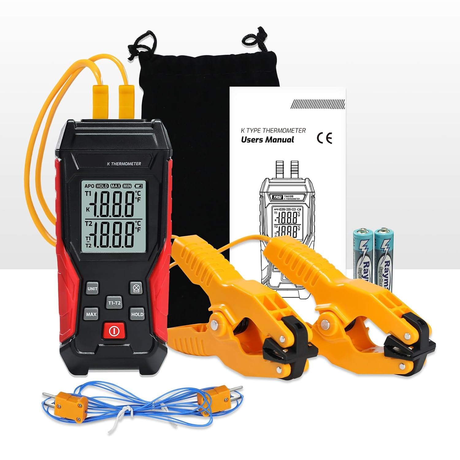 Digital Thermometer HVAC Dual Channel K Type Temperature Clamp (-328~2501℉) with