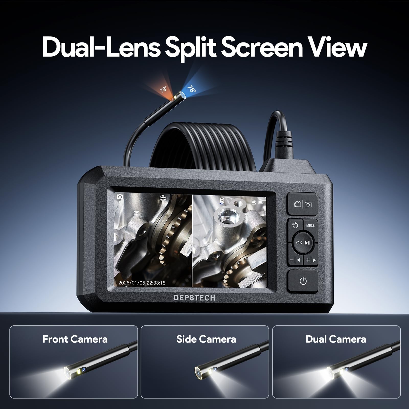 Inspection Endoscope Camera with Light Dual Lens 1080P Borescope with 4.3″ IP…
