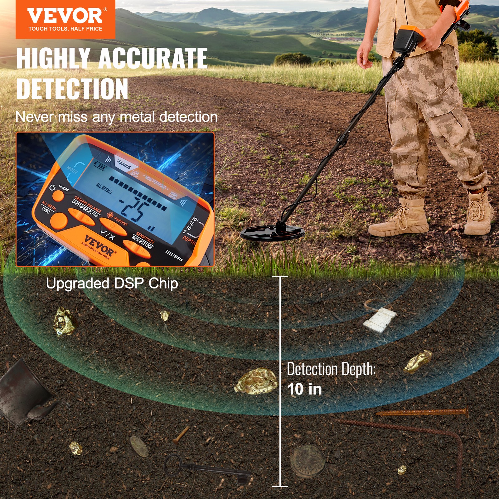 VEVOR Metal Detector for Adults Professional Gold Detector 10in IP68 Waterproof