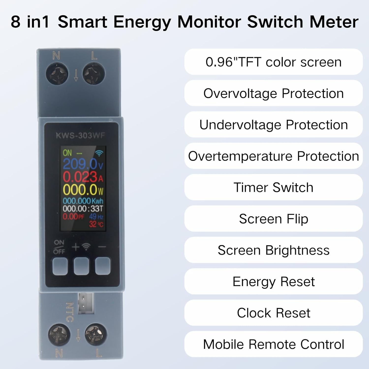 8-in-1 Digital Power Meter for Din Rail Smart Energy Monitor Voltage Current