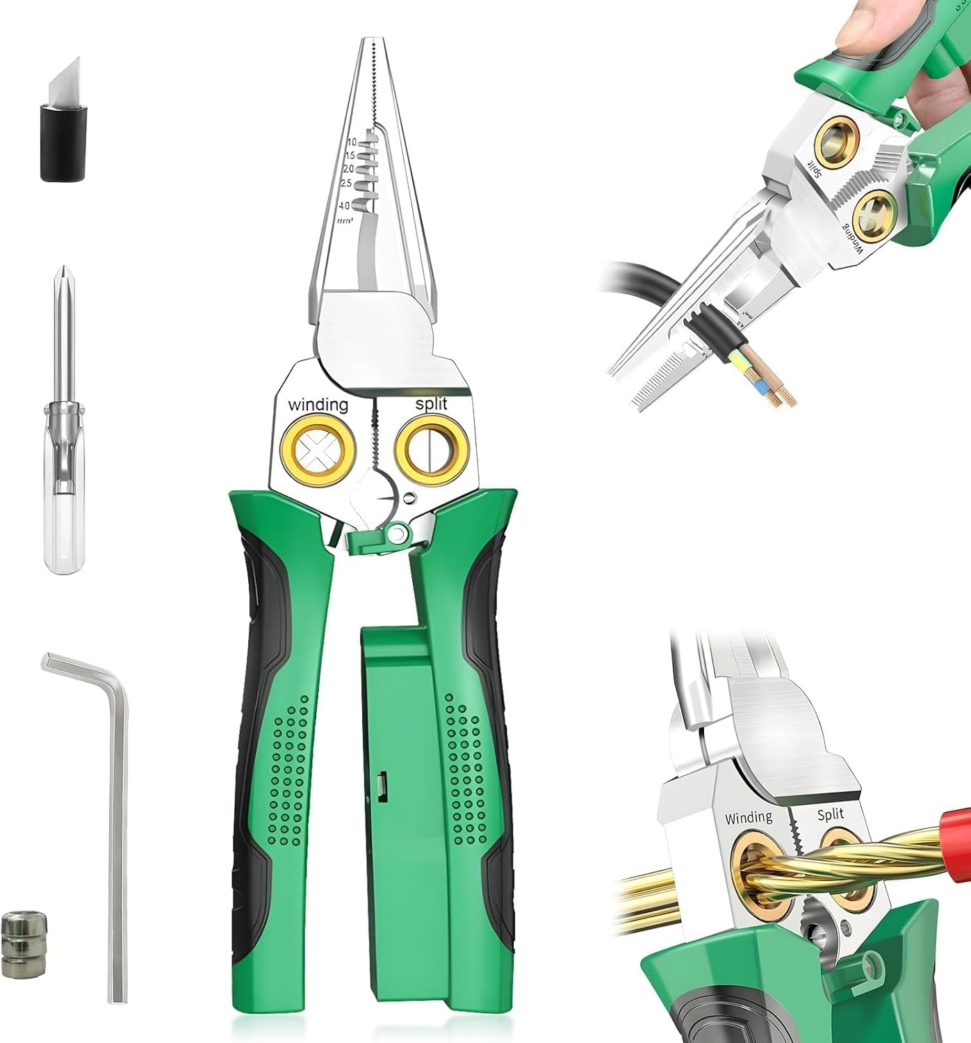8-in-1 Wire Stripper for Electrician: Needle Nose Pliers with Voltage Green