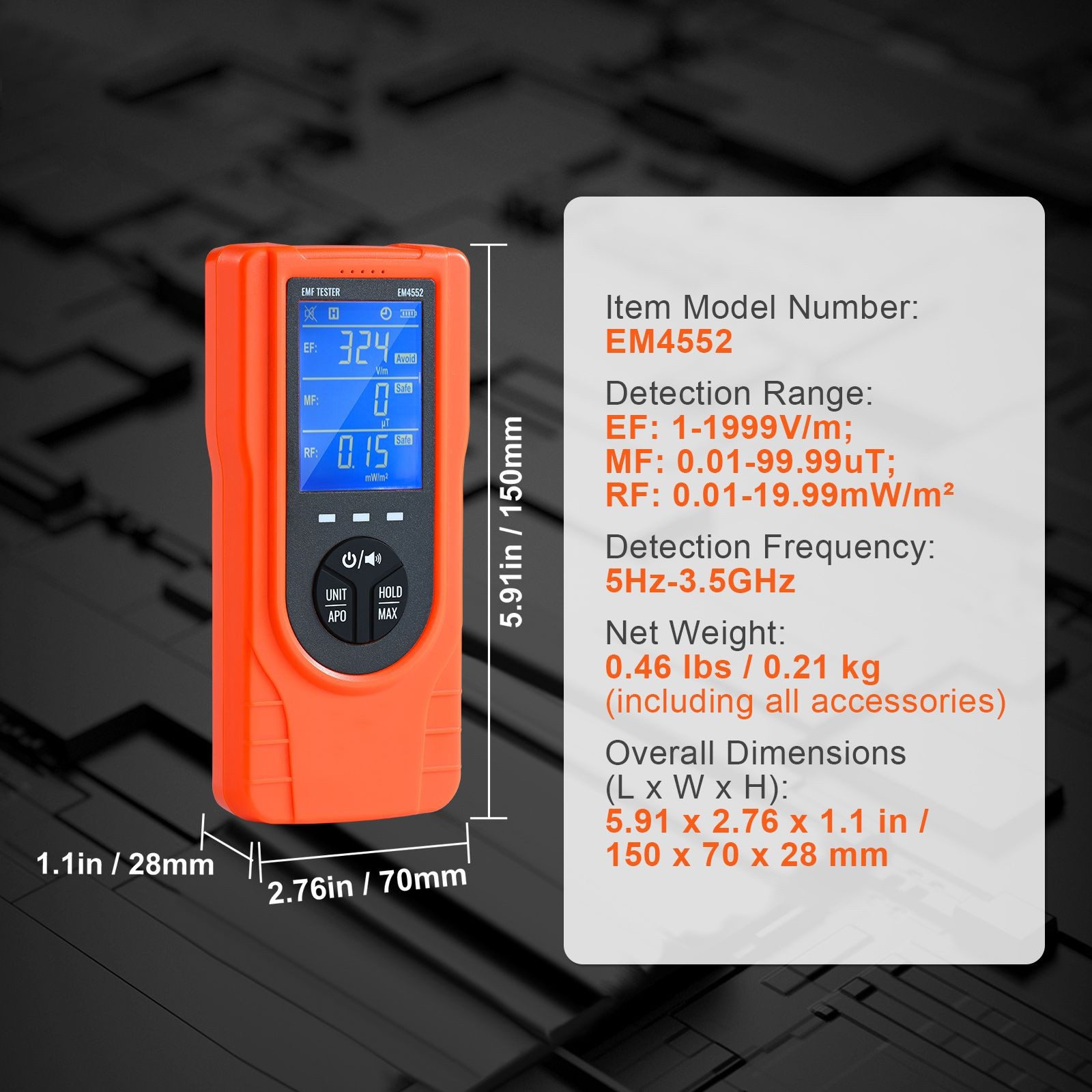 3-in-1 EMF Meter, 5Hz – 3.5GHz, Handheld Rechargeable Electromagnetic