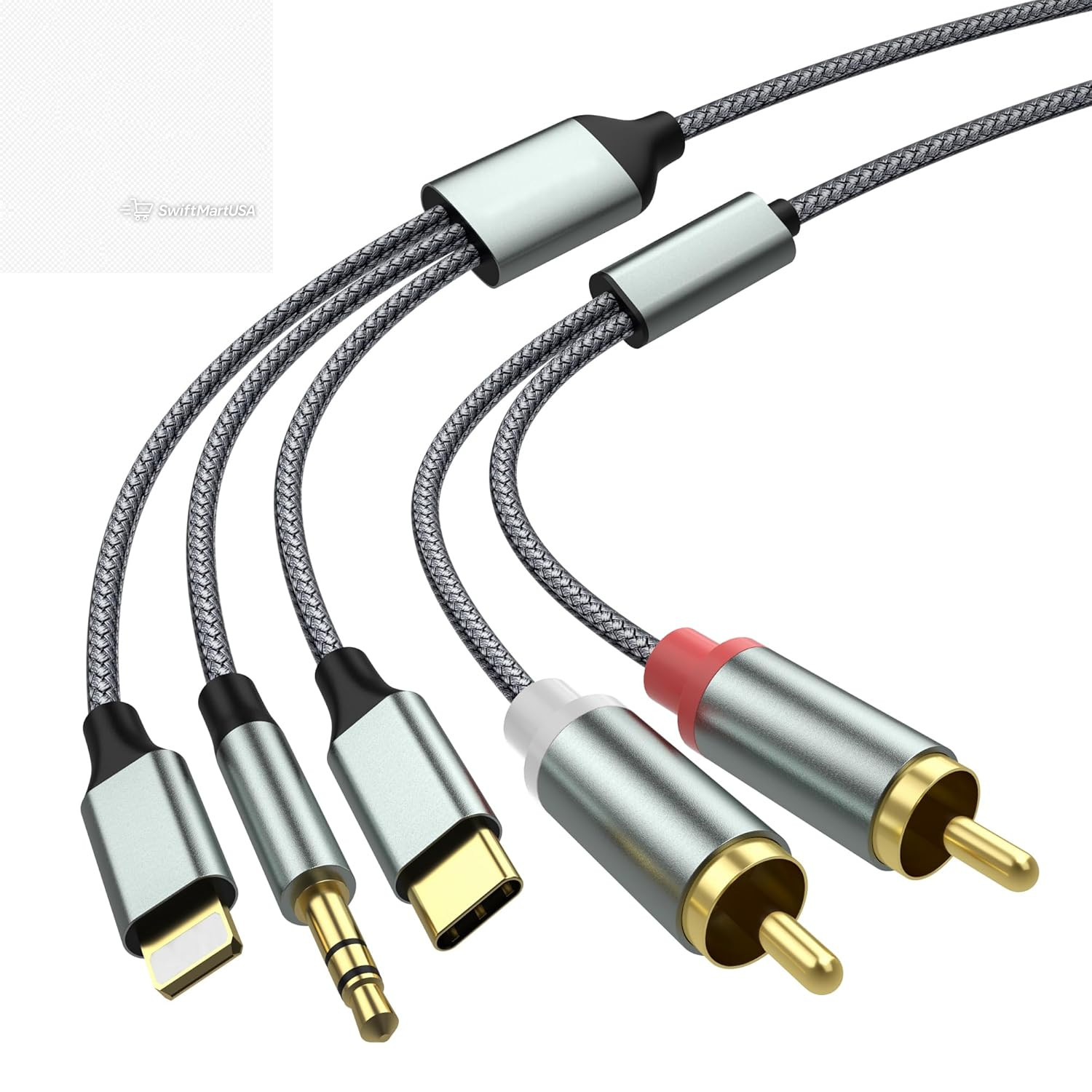 3 in 1 RCA Audio Cable Lightning USB-C 3.5mm Aux to 2 RCA Amp Home Theater 4.2Ft