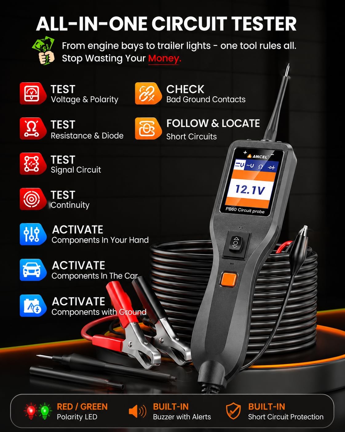 Ancel Pb60 Automotive Power Circuit Probe Tester 12-24V All-In-One Electrical