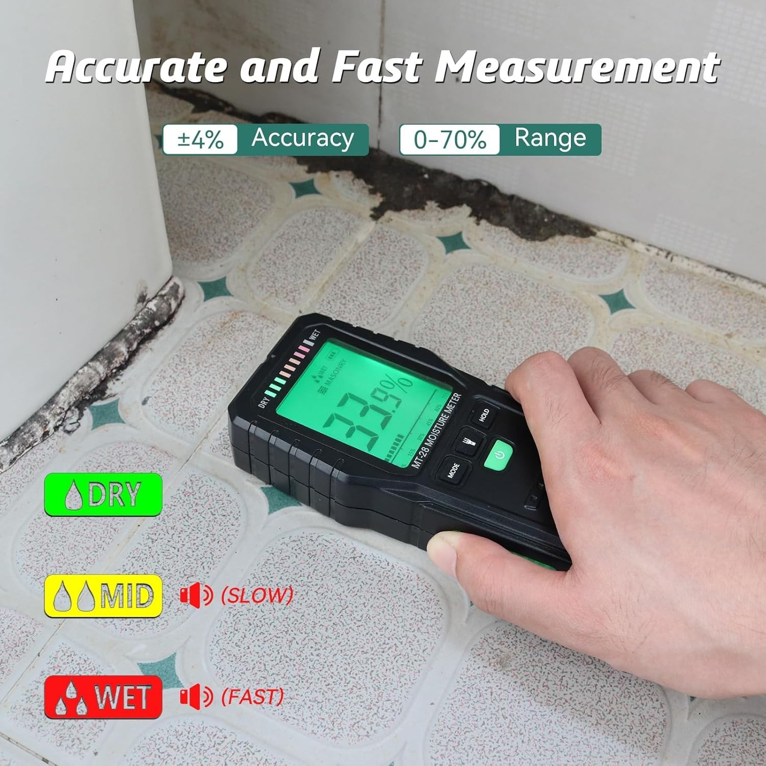 Pinless Wood Moisture Meter – Drywall, Mold & Lumber Moisture Detector with LCD