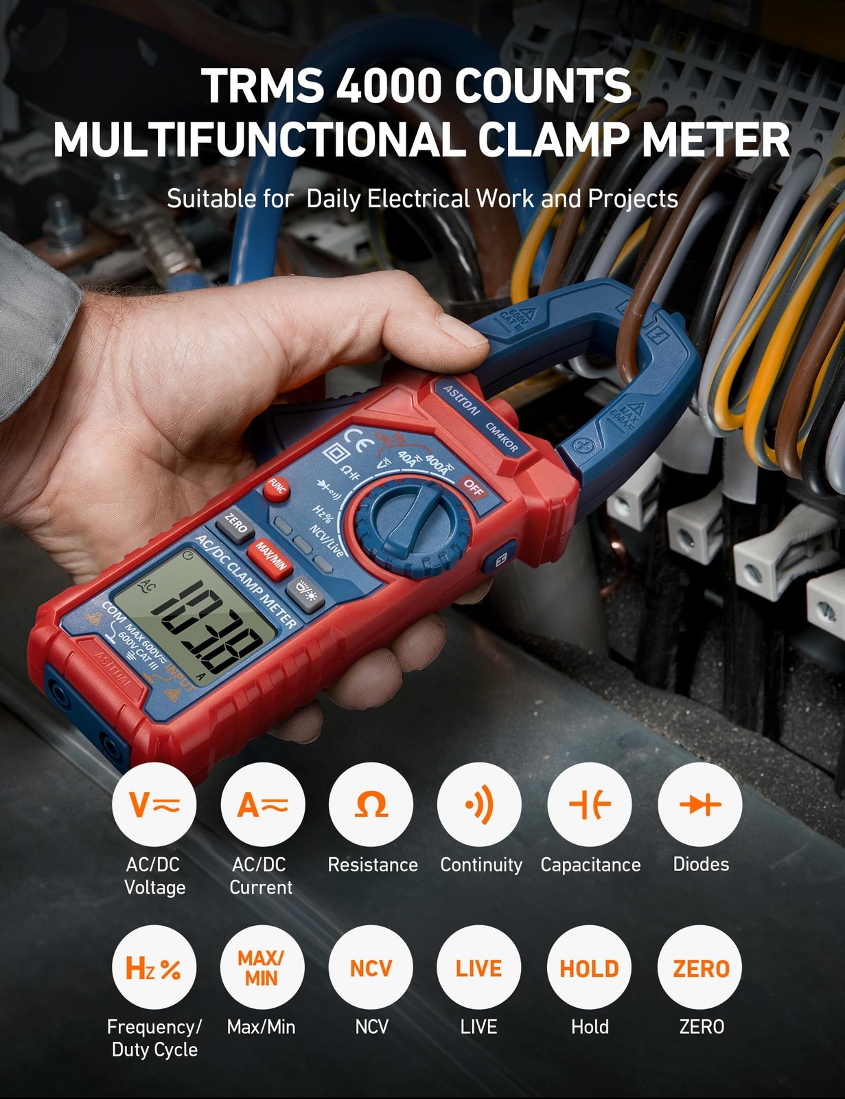 AstroAI Digital Clamp Meter Multimeter 4000 Counts 4000 Counts, Blue