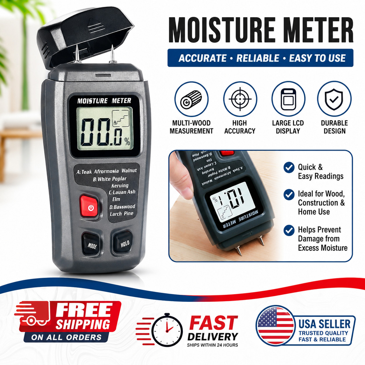 Digital LCD Wood Moisture Meter Detector Tester Wood Firewood Paper Cardboard