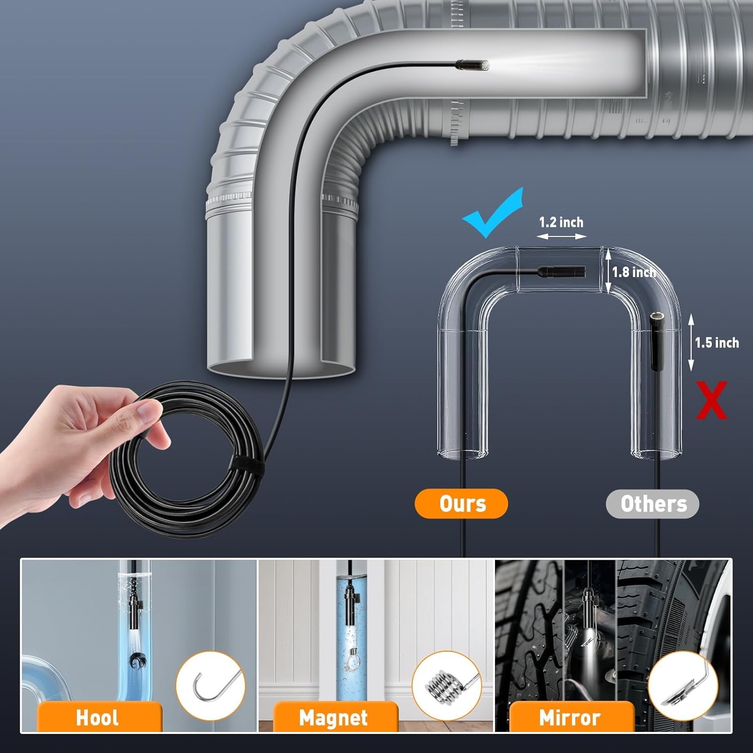 HD 1080P LED Handheld Industrial Endoscope Borescope 8mm Inspection Snake Camera