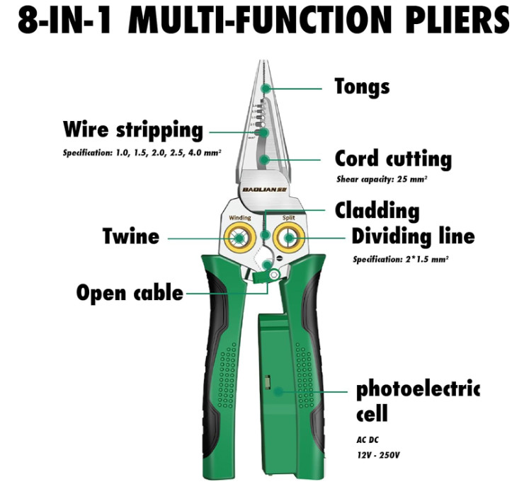 8-in-1 Wire Stripper Pliers: Compact Portable Multi-Function Green