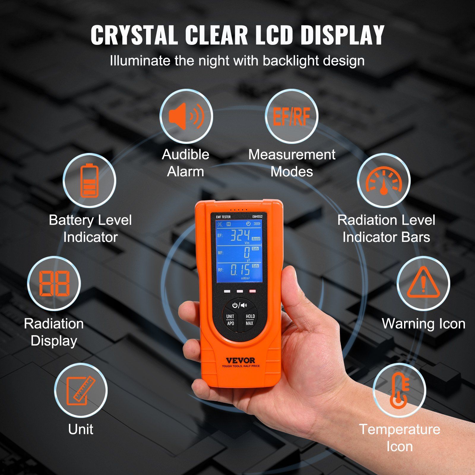 3-in1 EMF Meter 5Hz-3.5GHz Rechargeable Electromagnetic Field Radiation Detector