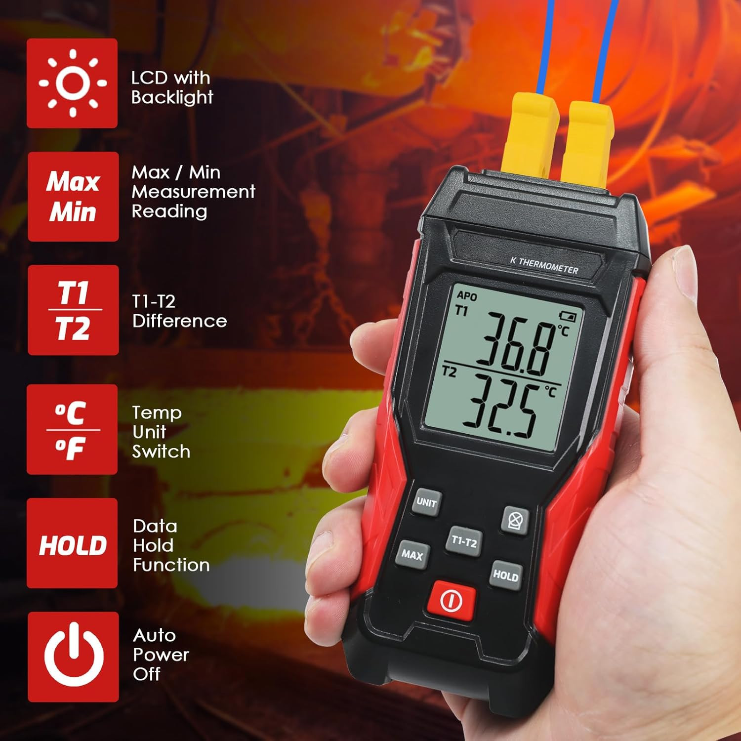 Digital Thermometer HVAC Dual Channel K Type Temperature Clamp (-328~2501℉) with