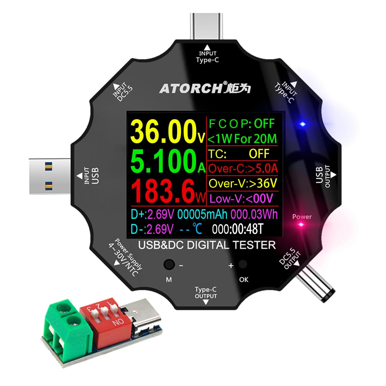 USB C Tester, 3 in 1 Type C DC5.5 USB Meter USB Load Color Screen IPS Digital Mu