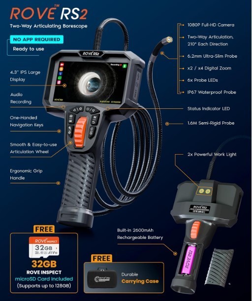 ROVE RS2 Articulating Borescope Camera with Light, 1080P Industrial Endoscope