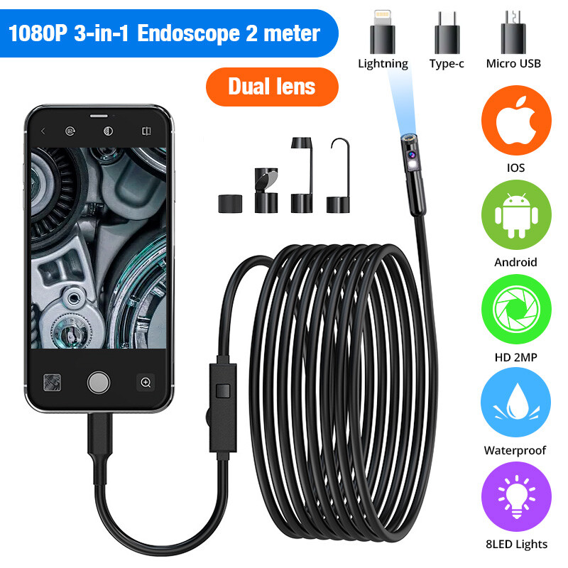 2M Dual Lens Borescope 1080P IP67 Waterproof LED Cam Auto Pipe Engine Inspection