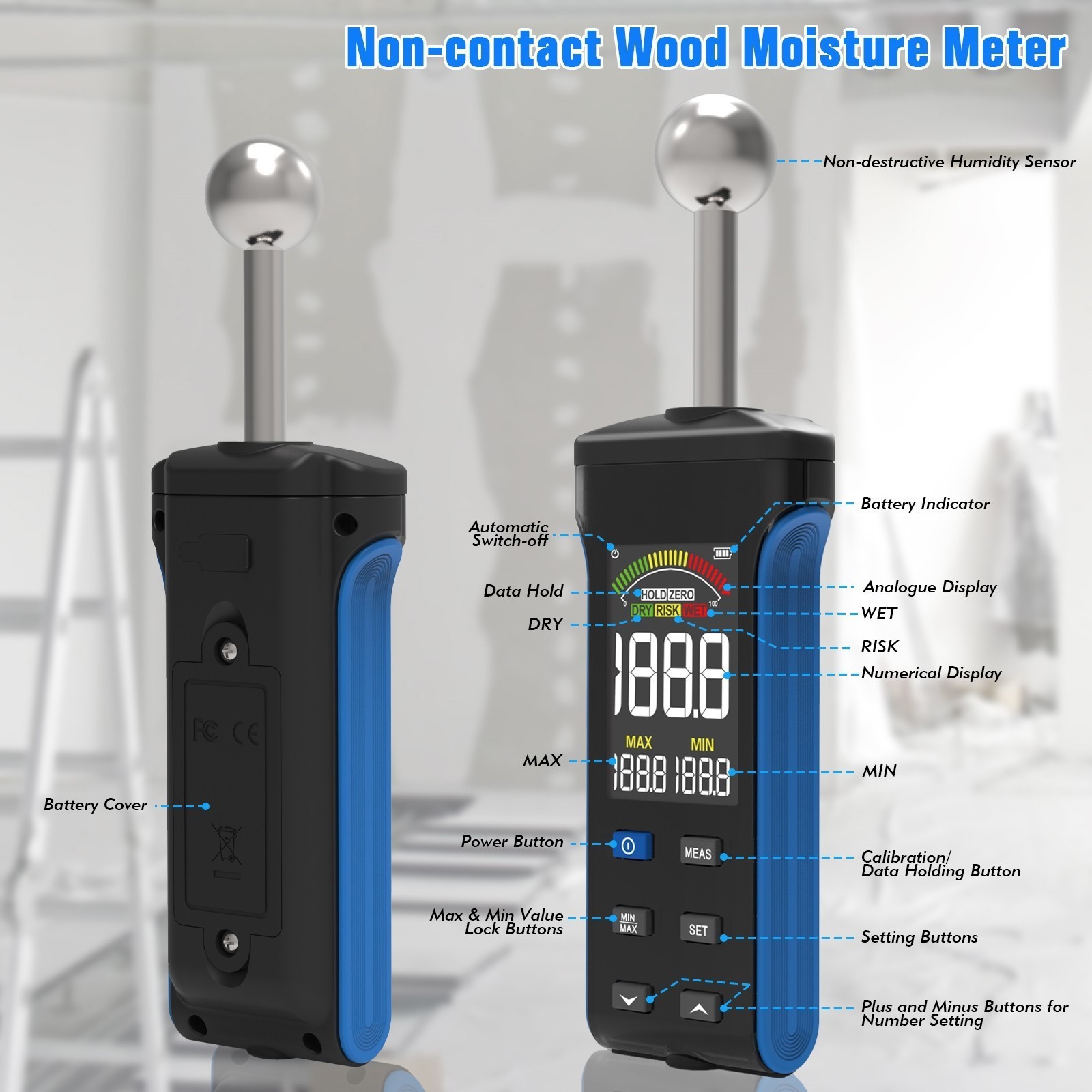 Pinless Moisture Meter with Ball Probe for Non-Destructive Area Scans Wood Walls