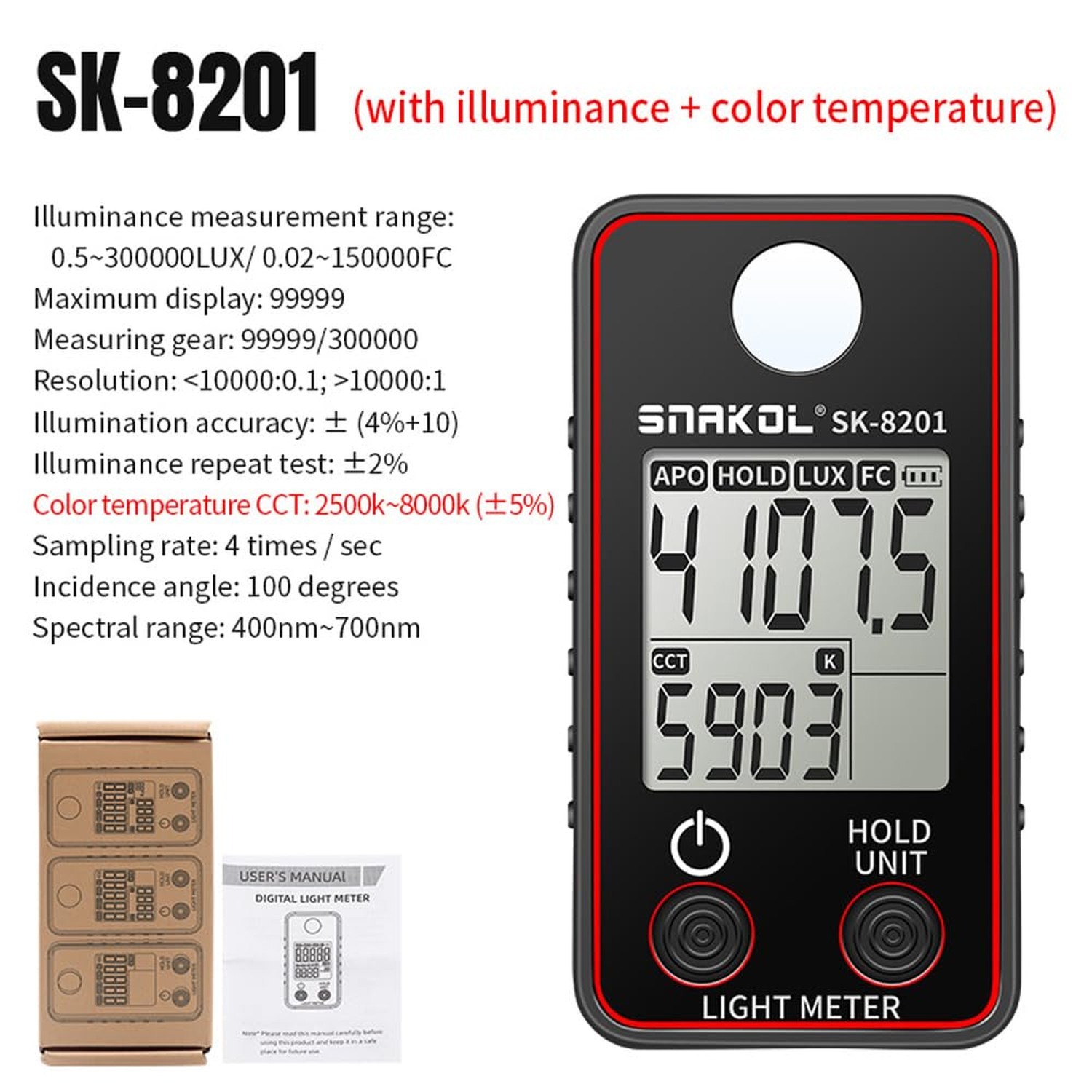 Color Temperature Tester High Precise Illuminance Meter 0.5-300000LUX LED Ill…