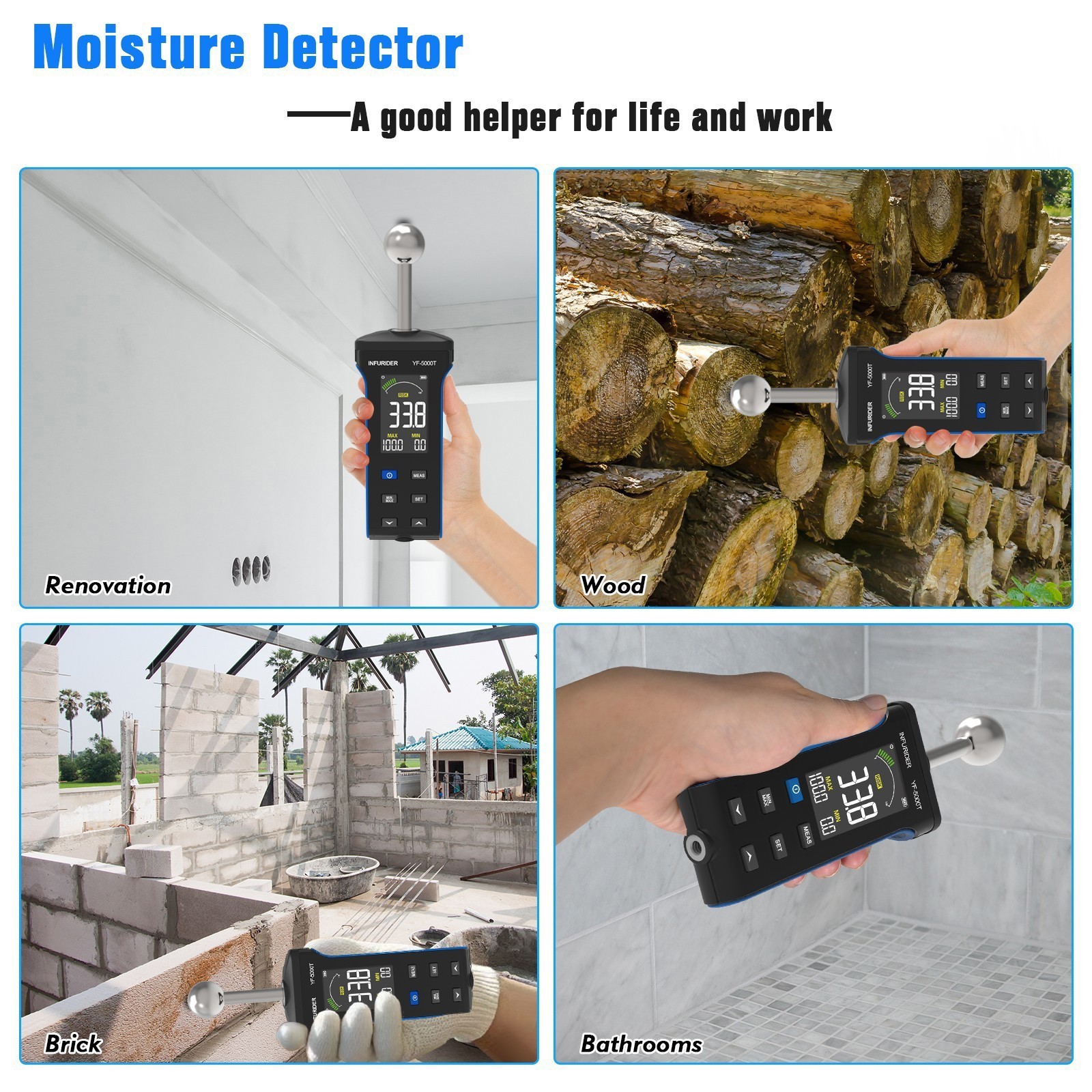 Pinless Moisture Meter with Ball Probe for Non-Destructive Area Scans Wood Walls