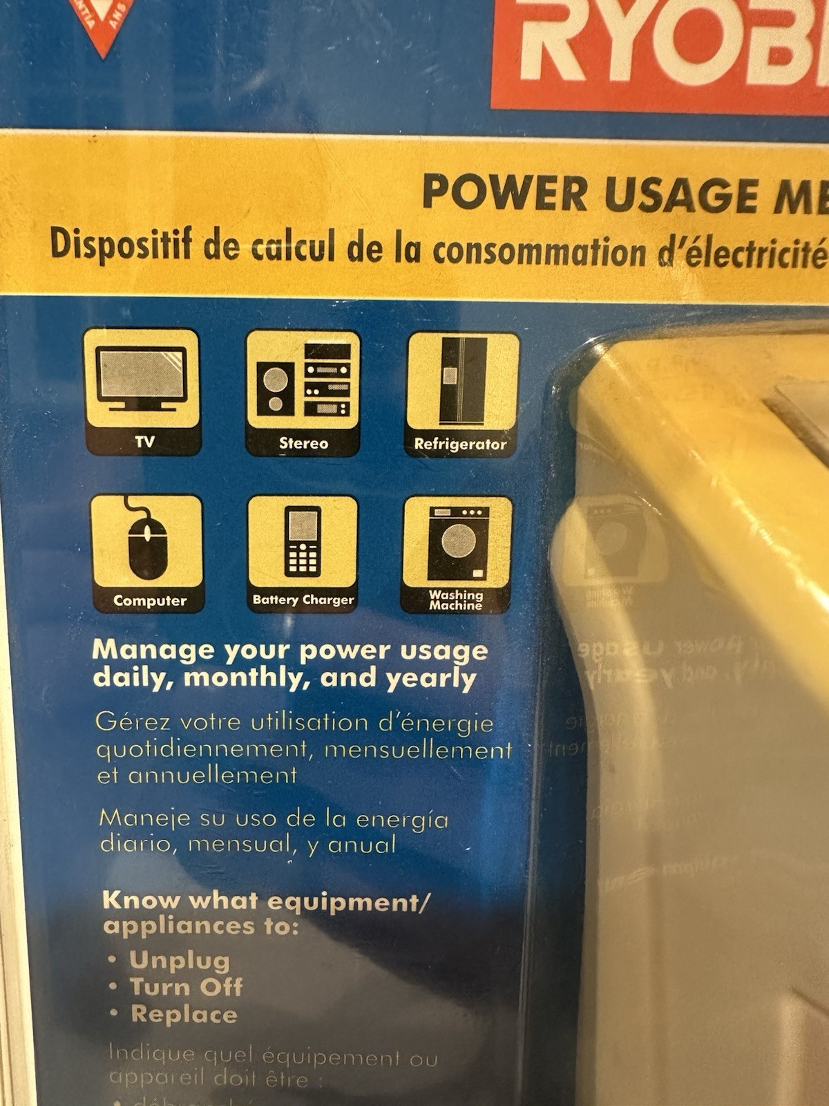 Ryobi Power Usage Meter Plug-In Electricity Energy Cost Monitor E49CM01