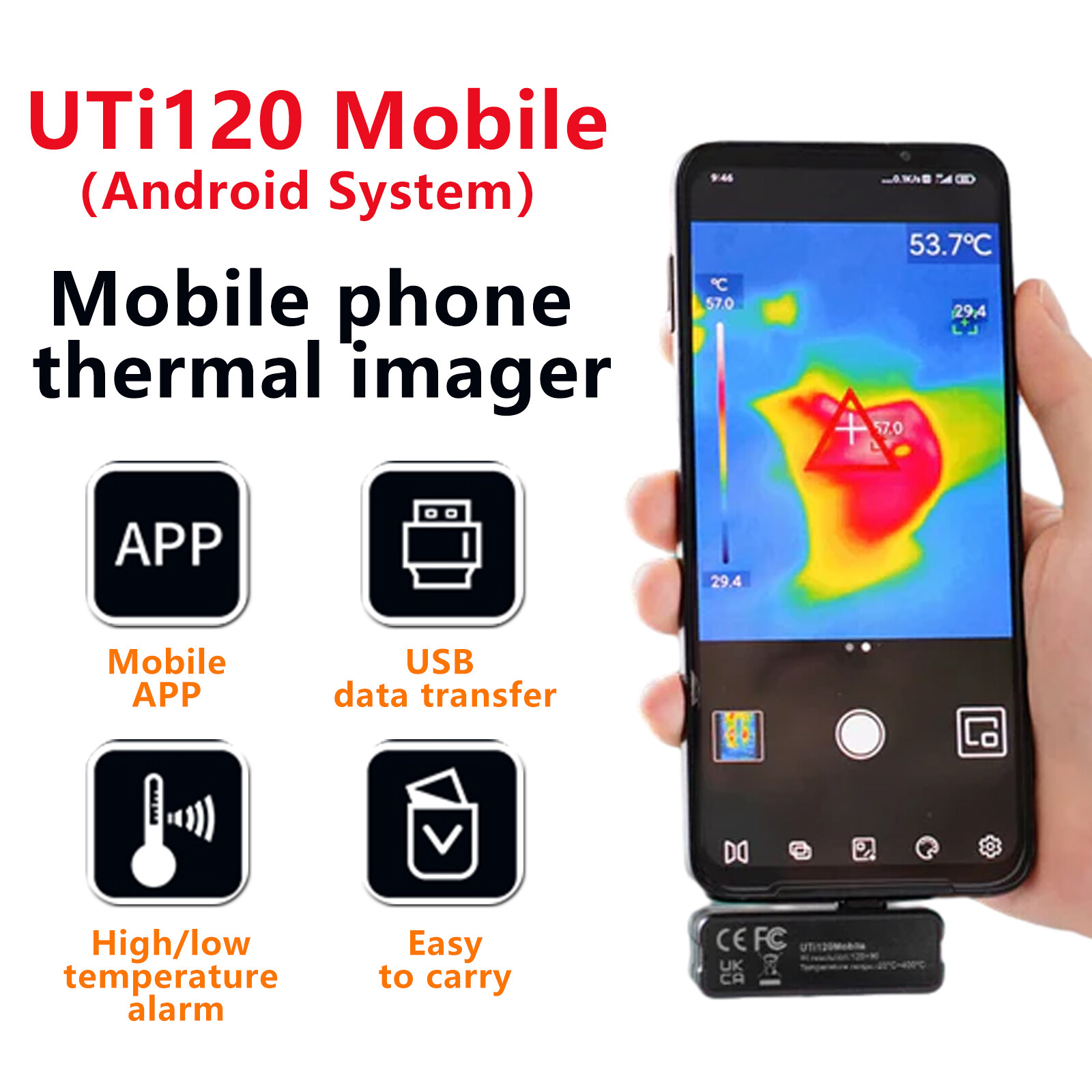 UNI-T UTi120Mobile Thermal Imager for Android Type-C -20℃~400℃ Auto Alarm Record