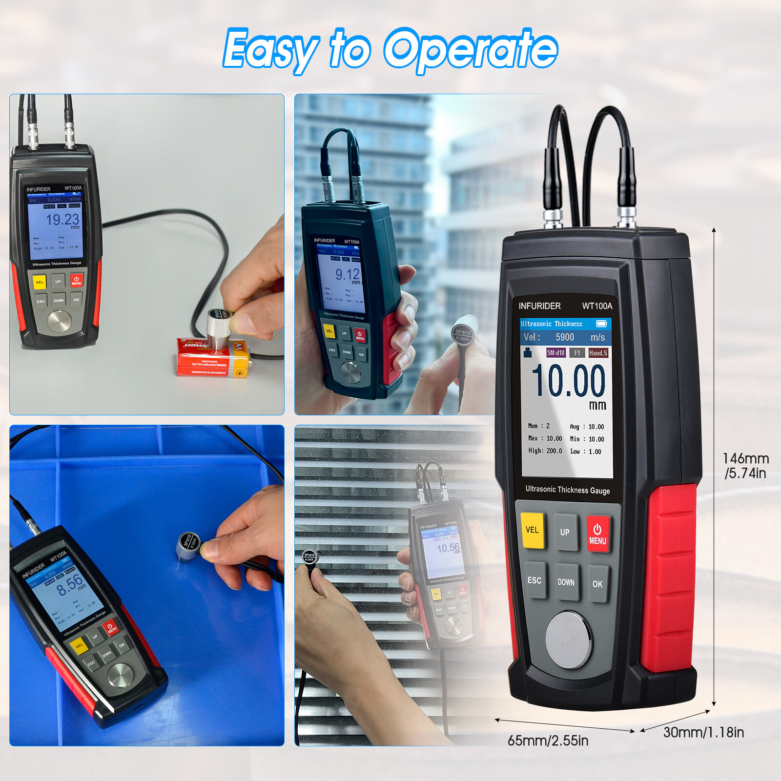 Digital Ultrasonic Thickness Gauge Meter Tester 1-300mm Tool for Metal Cast Iron