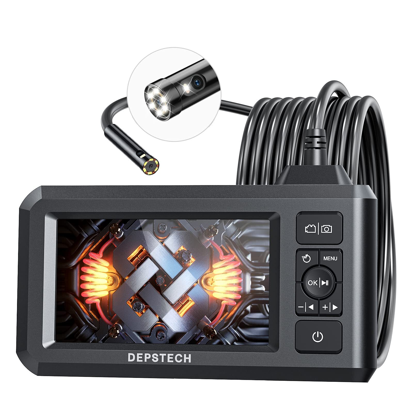 Dual Lens Industrial Endoscope 1080P Waterproof with LCD Screen and LED Lights