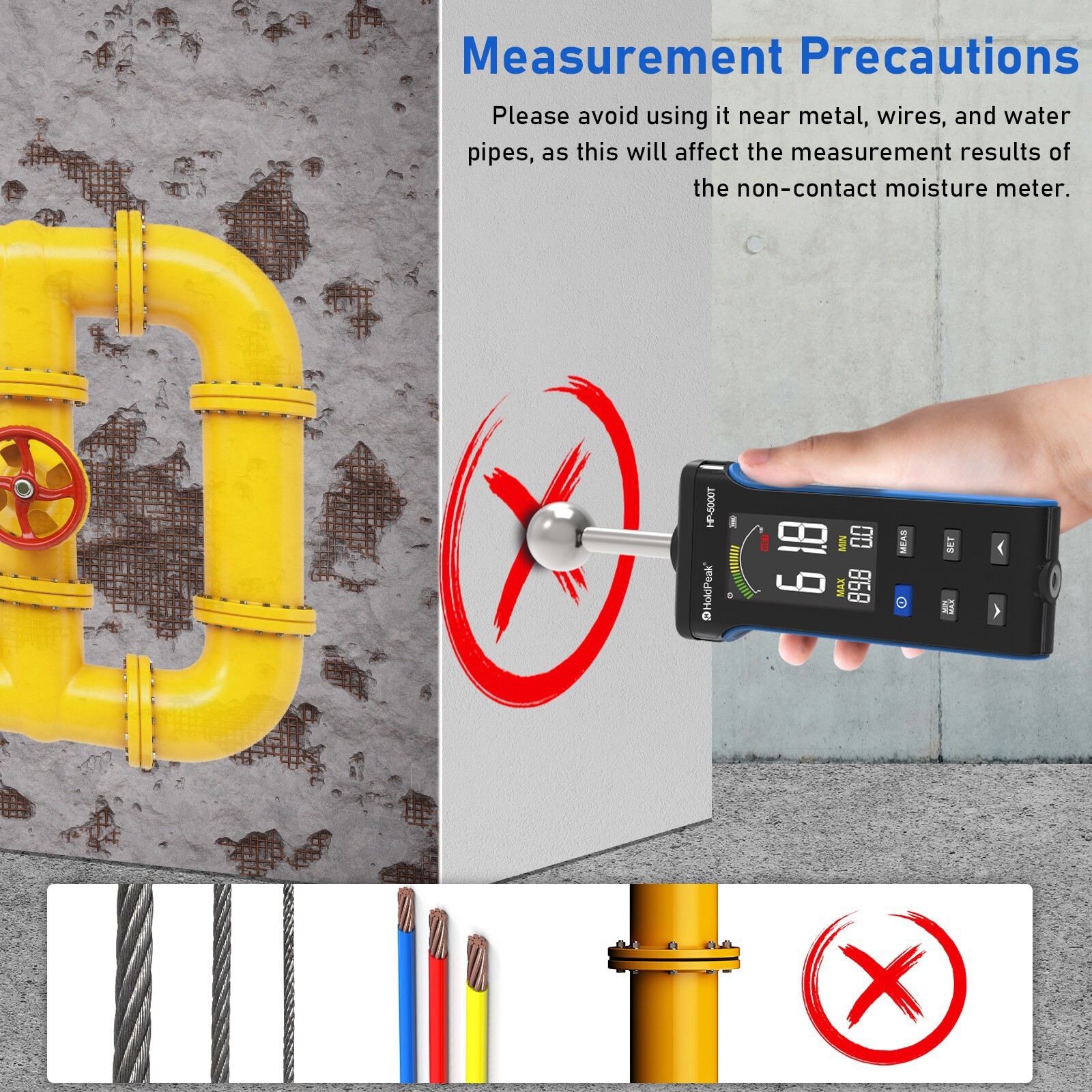 Pinless Moisture Meter with Ball Probe for Non-Destructive Area Scans Wood Walls