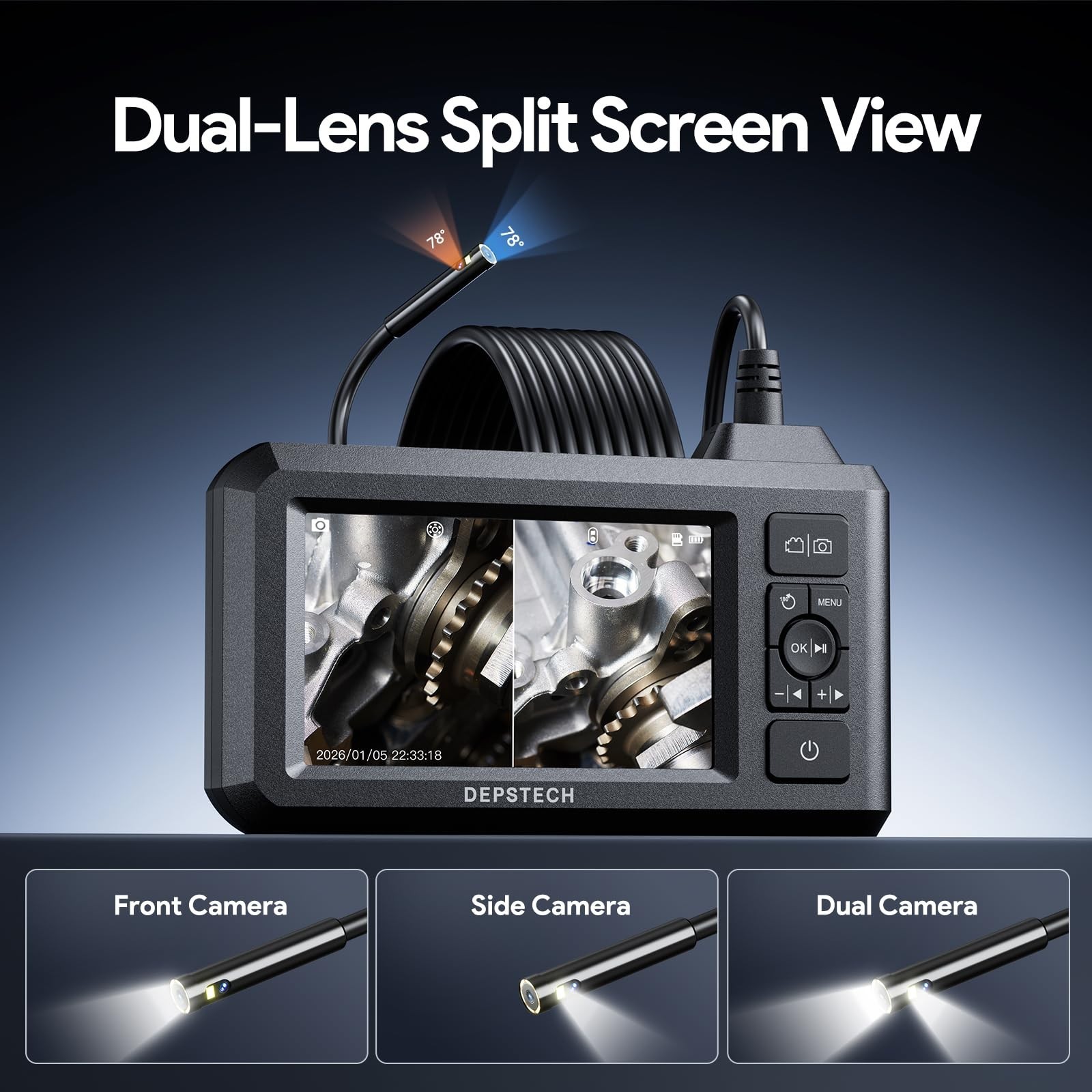 Dual Lens Endoscope Camera 16.5FT, 1080P HD, Waterproof Borescope for Automotive
