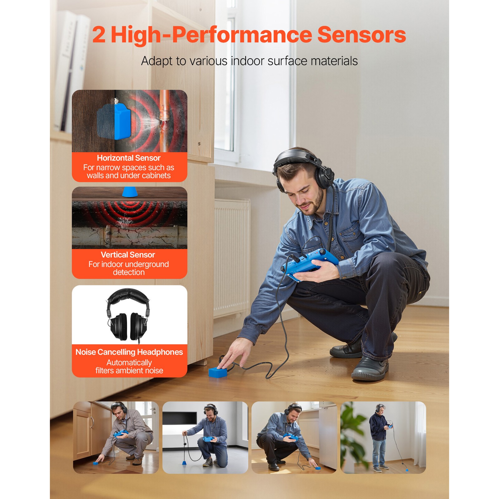 Uimoso Pipe Water Leak Detector 1Hz-10000Hz Range and 7″ Touchscreen, 2 Sensors