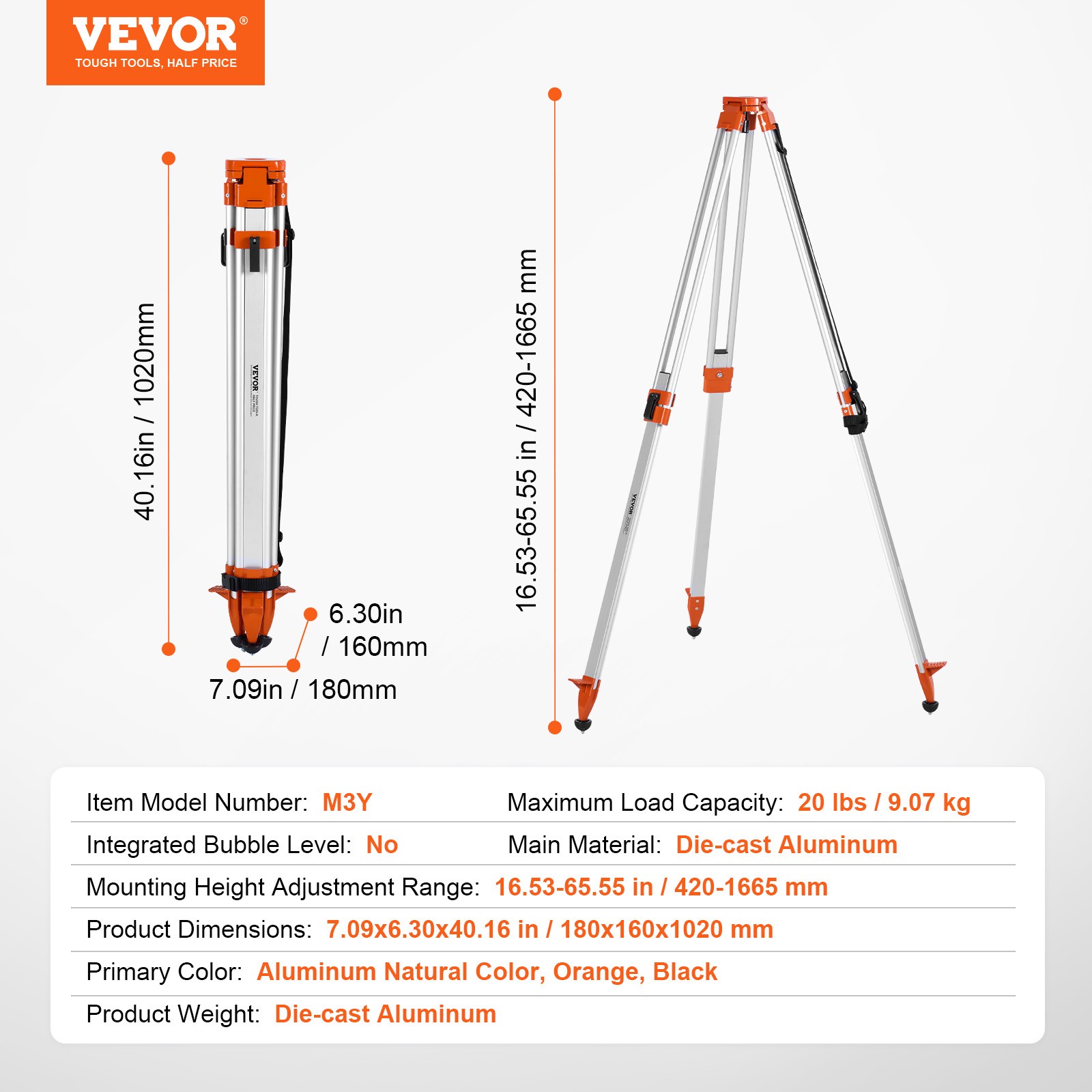 VEVOR Laser Level Tripod Stand 5/8″-11 Thread 16.53-65.55 in Height Adjustment