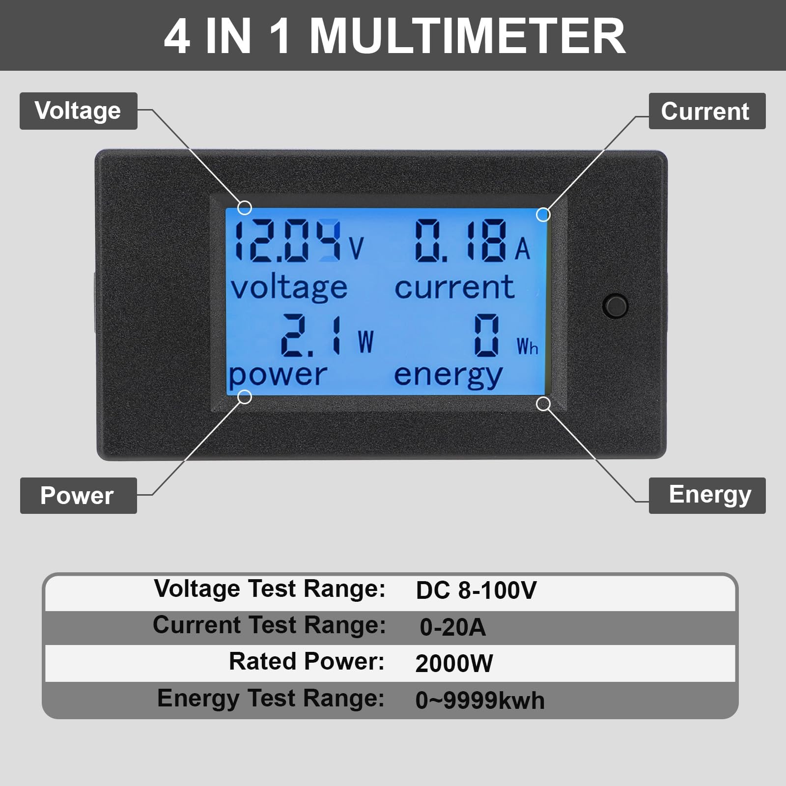 DROK Digital Multimeter DC 8-100V 20A Voltage Amperage Power Energy Meter, DC…