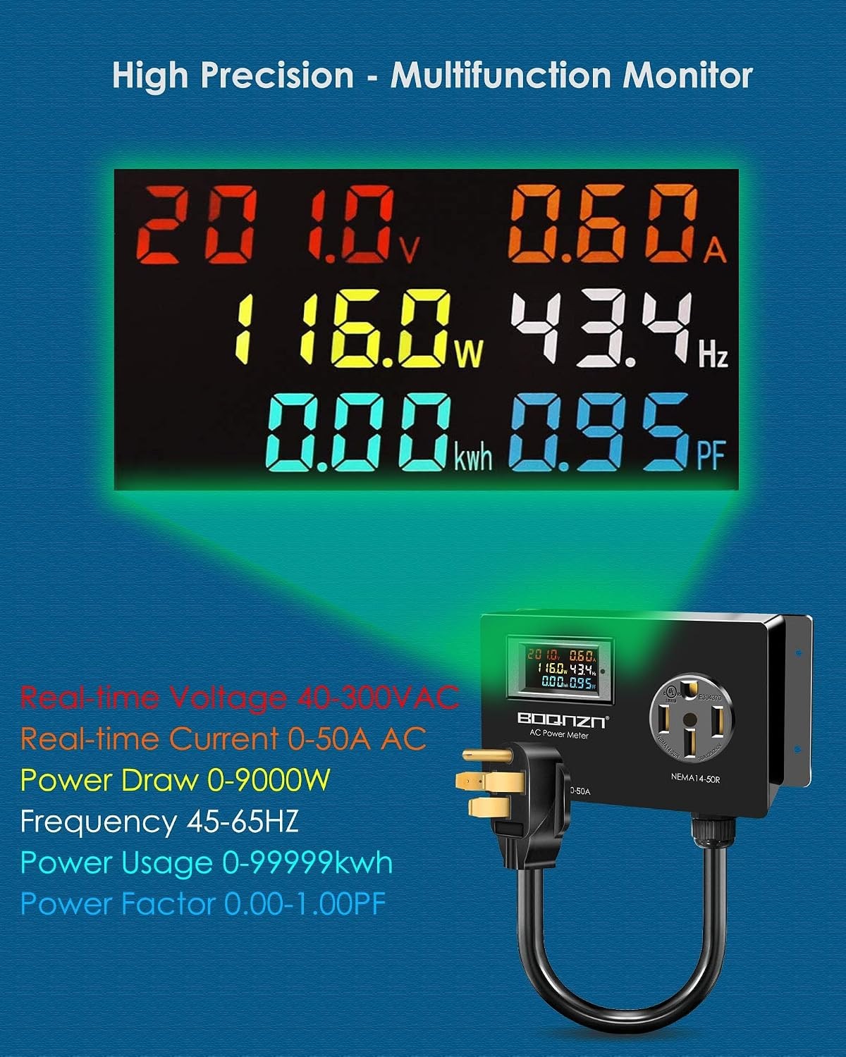 50A AC Power Meter, 240V NEMA 14-50P to NEMA 14-50R LCD Display Digital Multimet