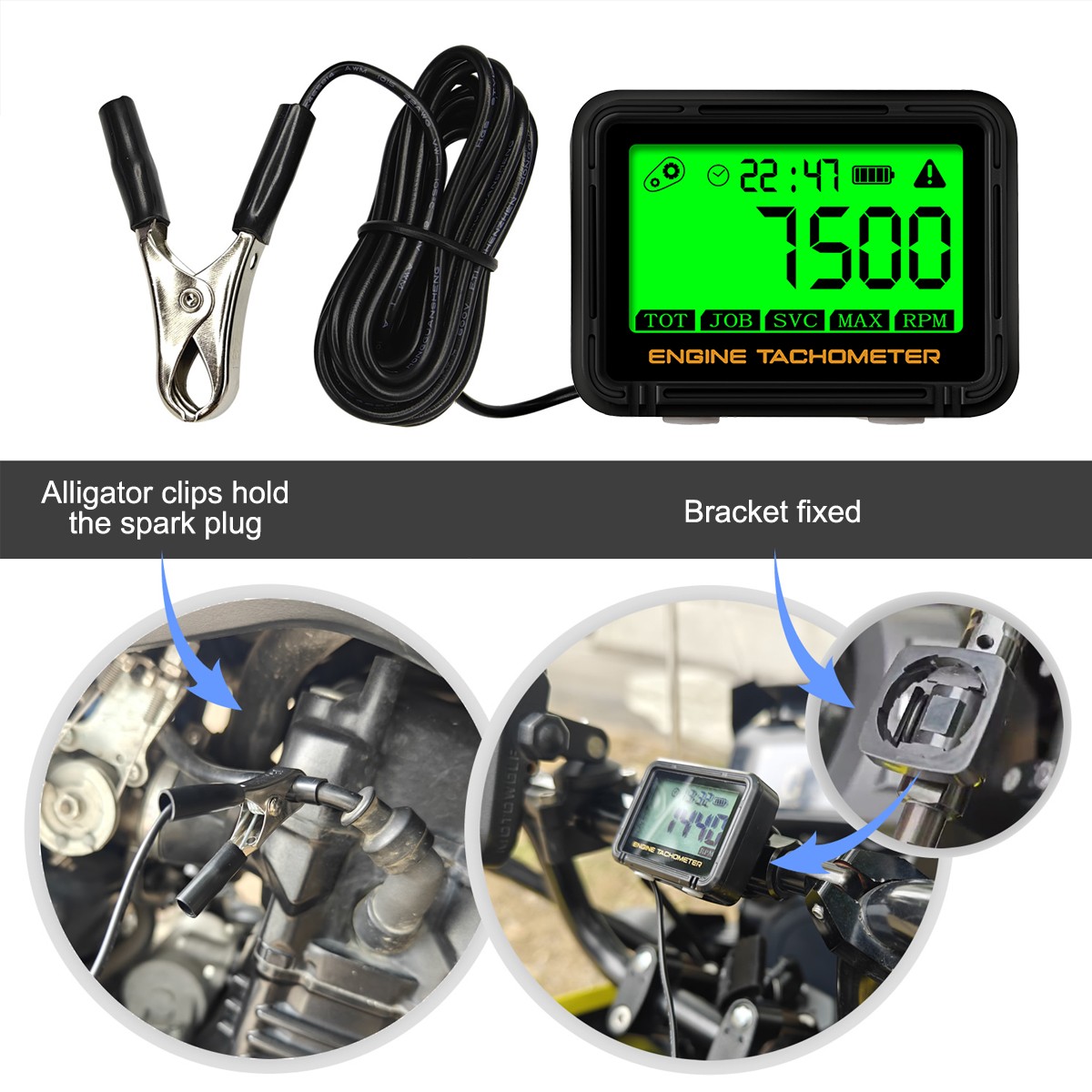 Digital Tachometer Hour Meter Waterproof IP68 RPM Alert 0-18000 LCD Backlight