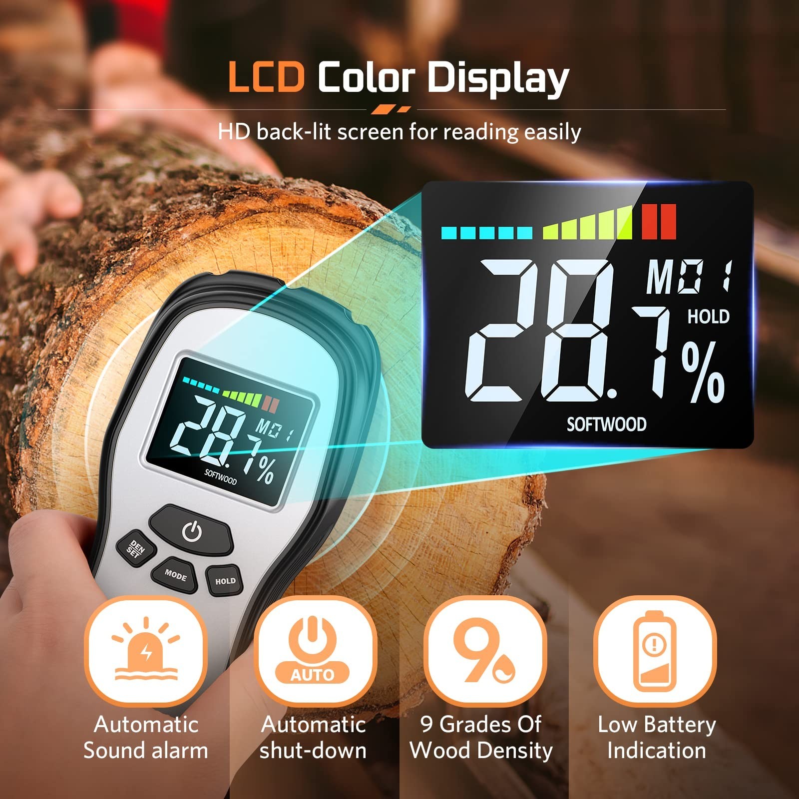 Digital Wood Moisture Meter – Pinless Detector for Firewood, Lumber, Drywall & C