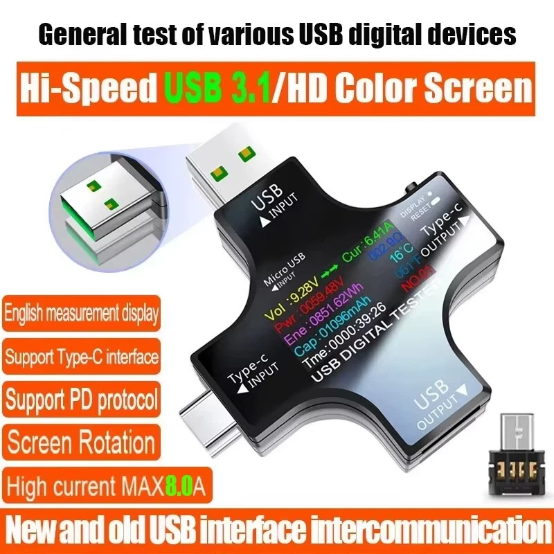 ‌USB Tester Type-C PD Digital Capacity Meter 8A Voltage Current Monitor Power