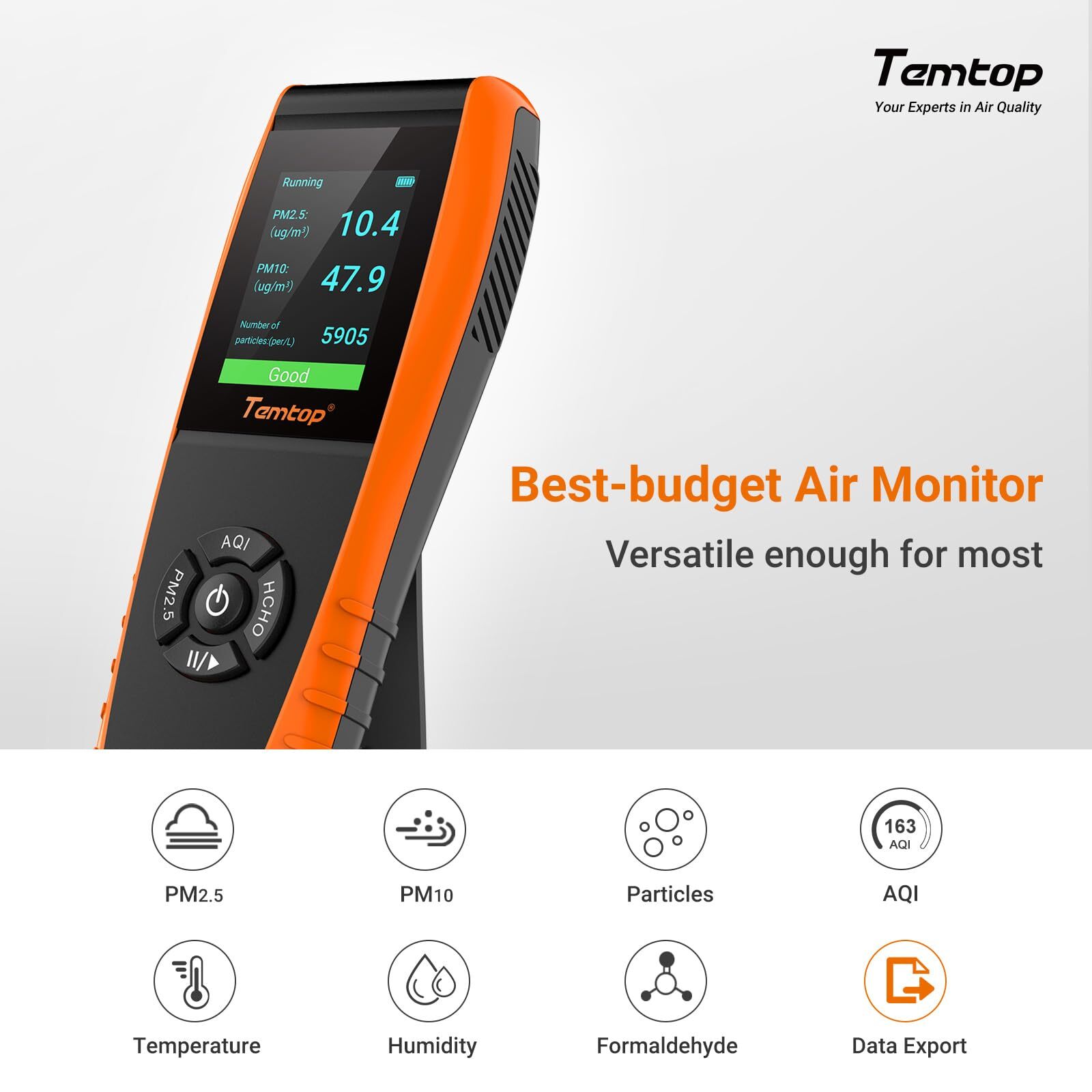 Temtop 8-in-1 Air Quality Monitor Detector PM2.5/10/AQI/HCHO T&H, LKC-1000S+2ND