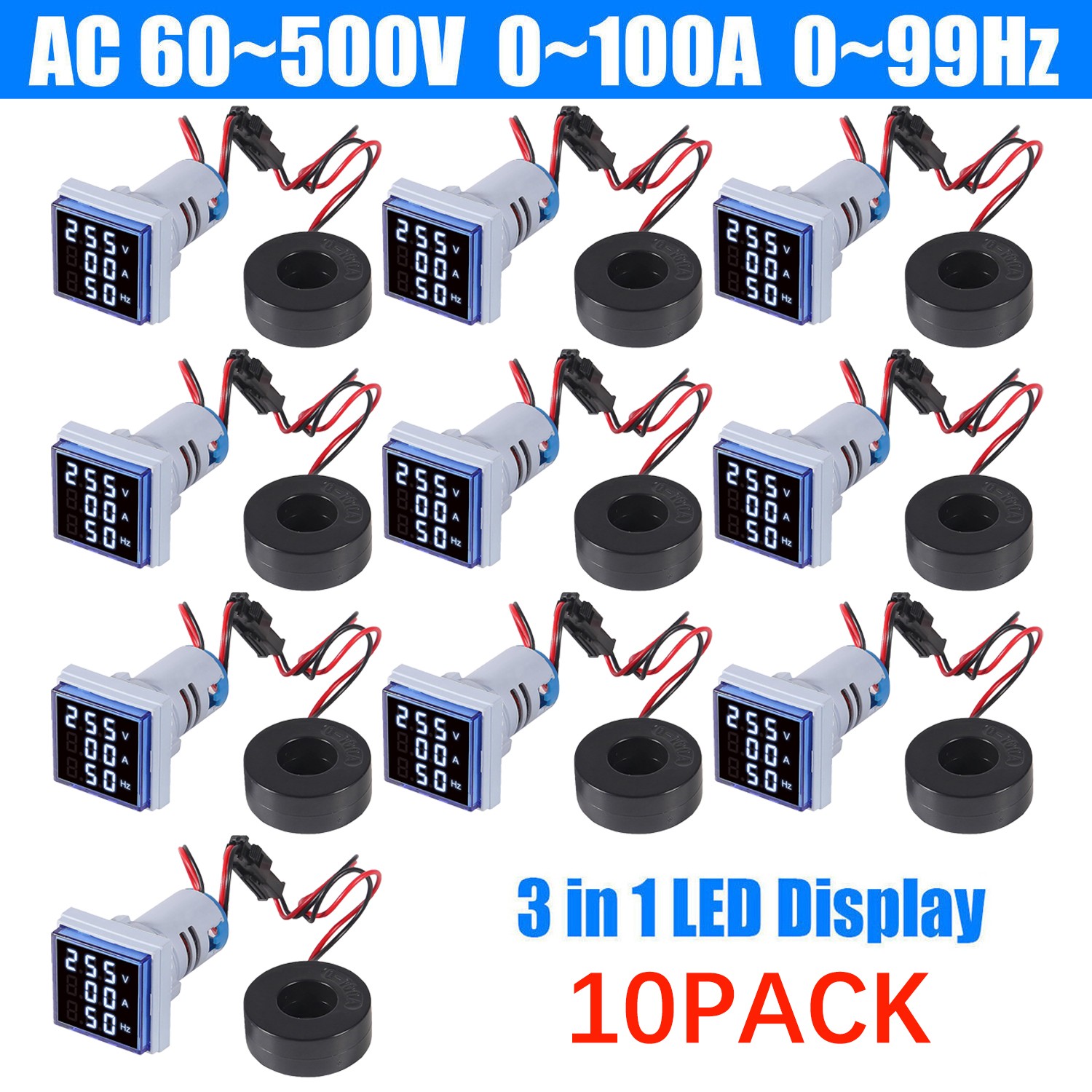10pcs AC 60-500V 0-100A 22mm 3 in 1 Voltmeter Ammeter LED Digital Volt/AMP Meter