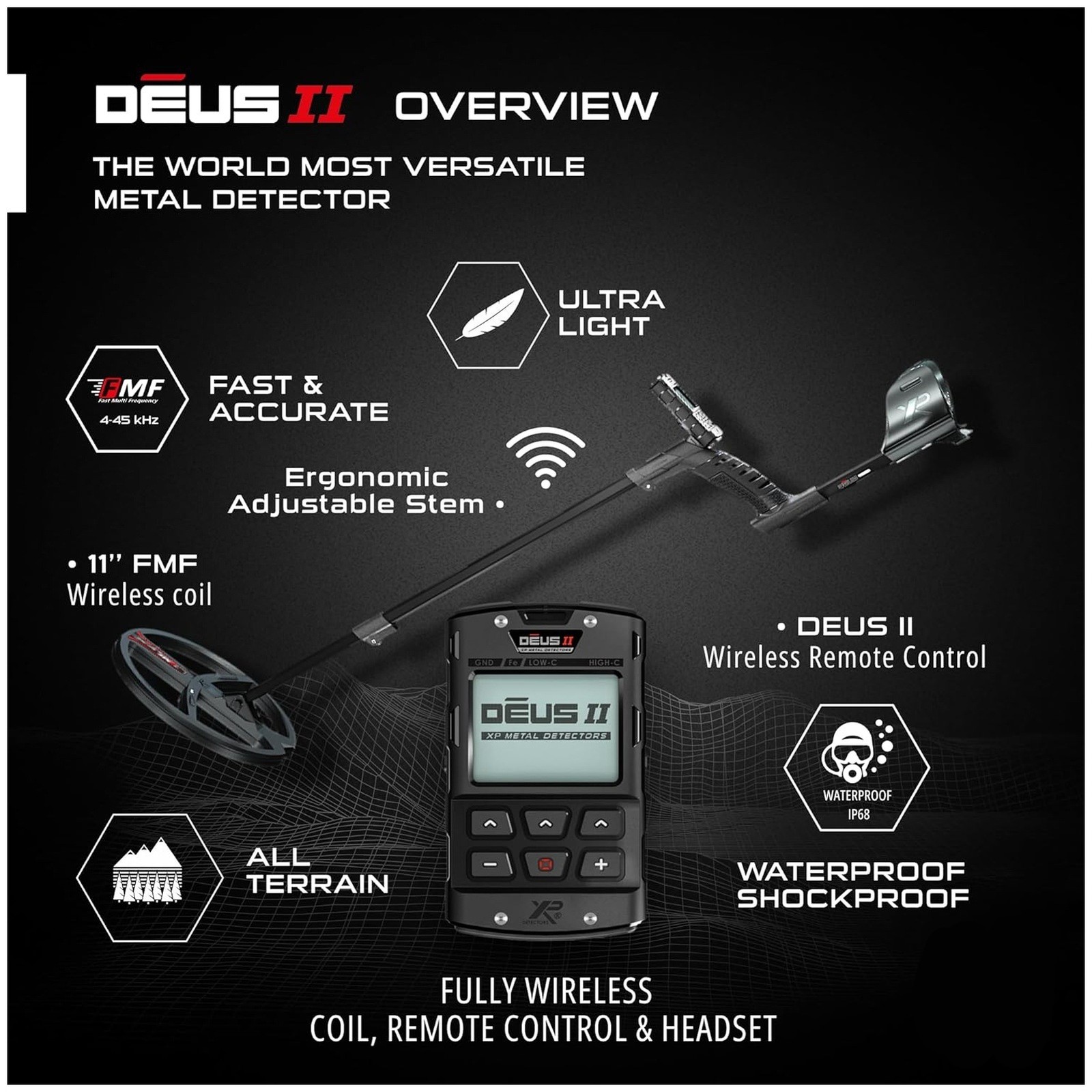 XP METAL DETECTORS Deus II – 3428 FMF Coil Detector 13×11″ w/ RC & WS6, English