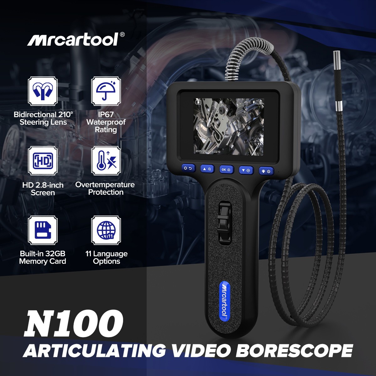 Two-Way 210° Inspection Borescope 6.25mm Endoscope Camera 3.3ft Semi Rigid