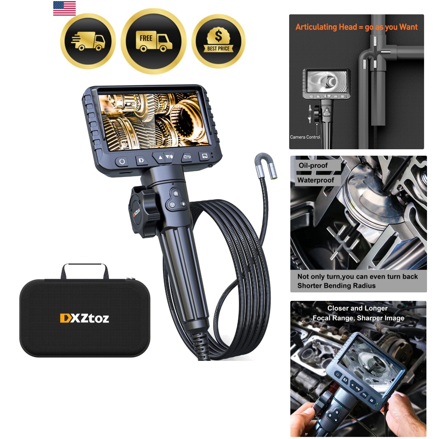 Two-Way Articulating Borescope with Light, 1080P Industrial Endoscope Inspect…