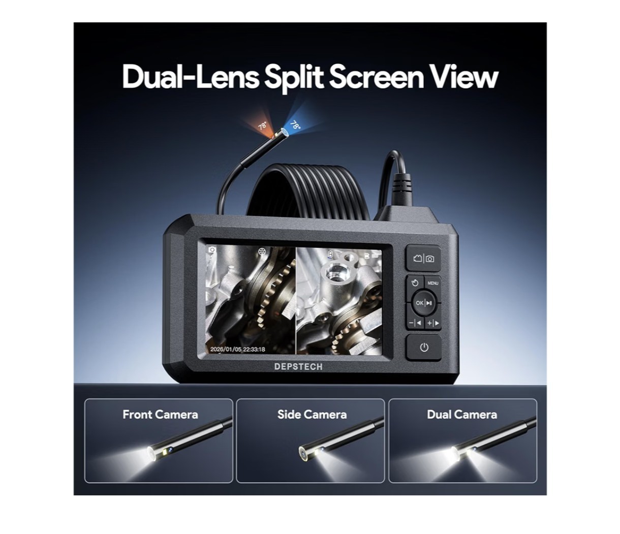 DEPSTECH Dual Lens Endoscope Camera, 1080P HD Digital Camera with Light, 4.3”
