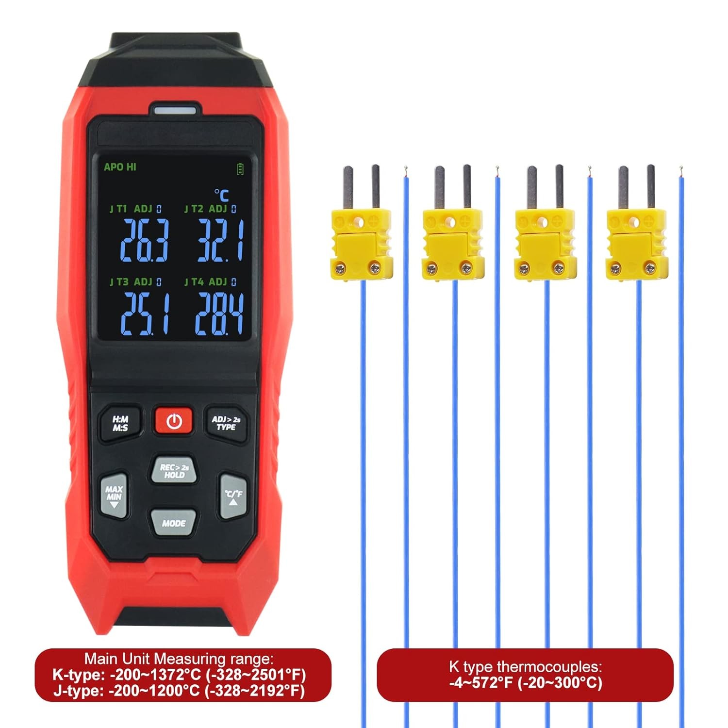 4-Channel K-Type Thermocouple Thermometer Data Logger, -328~2501°F